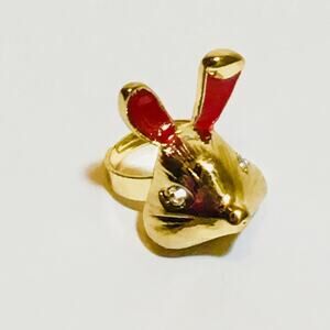 5 for $25 ! Gold Tone Jeweled Bunny Rabbit Ring Costume Jewelry Size 6.5